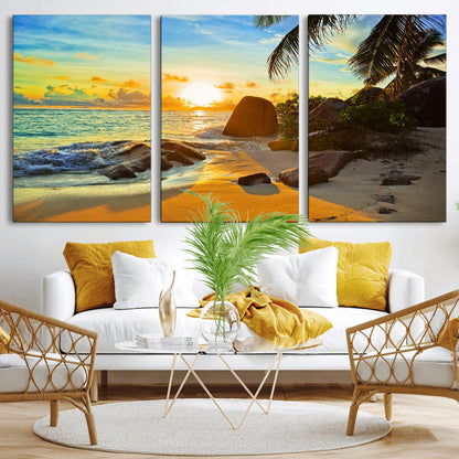 26181-MGV-CV-36X24-Golden Tropical Sunset Beach Wall Art – Ocean Canvas Print with Palm Trees and Rocks, Coastal Paradise Decor for Living Room or
