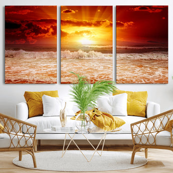 60211-MGV-CV-36X24-Fiery Sunset Ocean Wall Art – Red Sky Seascape Canvas Print with Waves, Bold Coastal Sunset Decor for Living Room or Bedroom