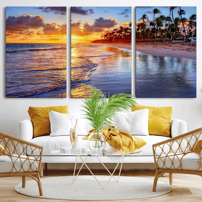 19917-MGV-CV-36X24-Tropical Sunset Beach Wall Art – Panoramic Palm Trees and Ocean Canvas Print, Vibrant Coastal Decor for Living Room, Office or Man