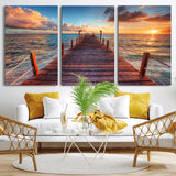 28836-MGV-CV-36X24-Ocean Pier Sunset Wall Art – Wooden Dock and Golden Horizon Canvas Print, Coastal Seascape Photography for Living Room, Bedroom,