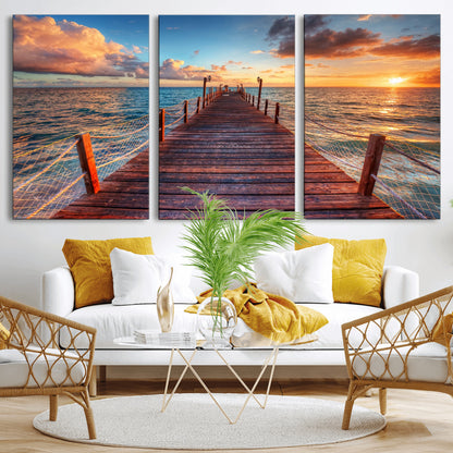 28836-MGV-CV-36X24-Ocean Pier Sunset Wall Art – Wooden Dock and Golden Horizon Canvas Print, Coastal Seascape Photography for Living Room, Bedroom,