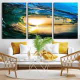 19378-MGV-CV-36X24-Ocean Wave Sunset Wall Art – Vibrant Surf and Golden Horizon Canvas Print, Coastal Seascape Photography for Living Room, Bedroom,