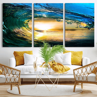 19378-MGV-CV-36X24-Ocean Wave Sunset Wall Art – Vibrant Surf and Golden Horizon Canvas Print, Coastal Seascape Photography for Living Room, Bedroom,