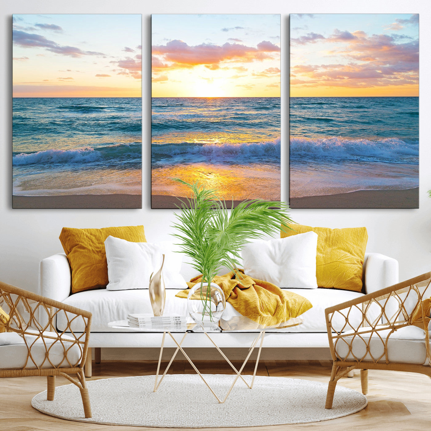 78006-MGV-CV-36X24-Golden Sunrise Ocean Wall Art – Panoramic Beach Waves Canvas Print, Coastal Seascape Artwork for Living Room, Bedroom, Office, or