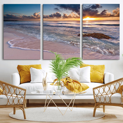 94906-MGV-CV-36X24-Sunrise Beach Wall Art – Panoramic Ocean Waves Canvas Print, Coastal Sunset Seascape Artwork for Living Room, Bedroom, or Office