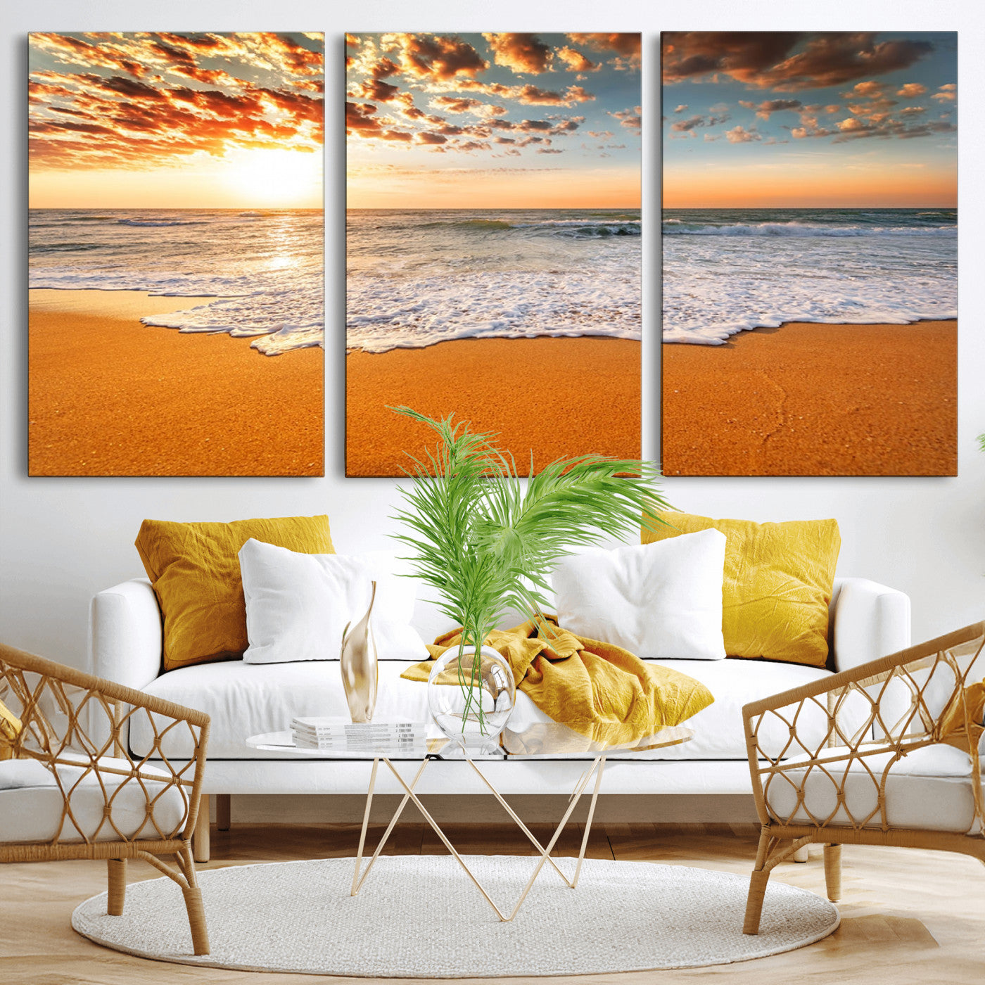 15399-MGV-CV-36X24-Golden Sunrise Beach Wall Art – Ocean Waves on Sandy Shore Canvas Print, Coastal Seascape Decor for Living Room or Bedroom