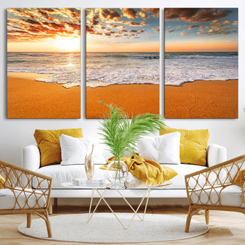 15399-MGV-CV-36X24-Golden Sunrise Beach Wall Art – Ocean Waves on Sandy Shore Canvas Print, Coastal Seascape Decor for Living Room or Bedroom