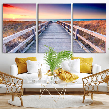 60625-MGV-CV-36X24-Beach Boardwalk Sunrise Wall Art – Coastal Pathway to Ocean Canvas Print, Seaside Landscape Decor for Home or Office