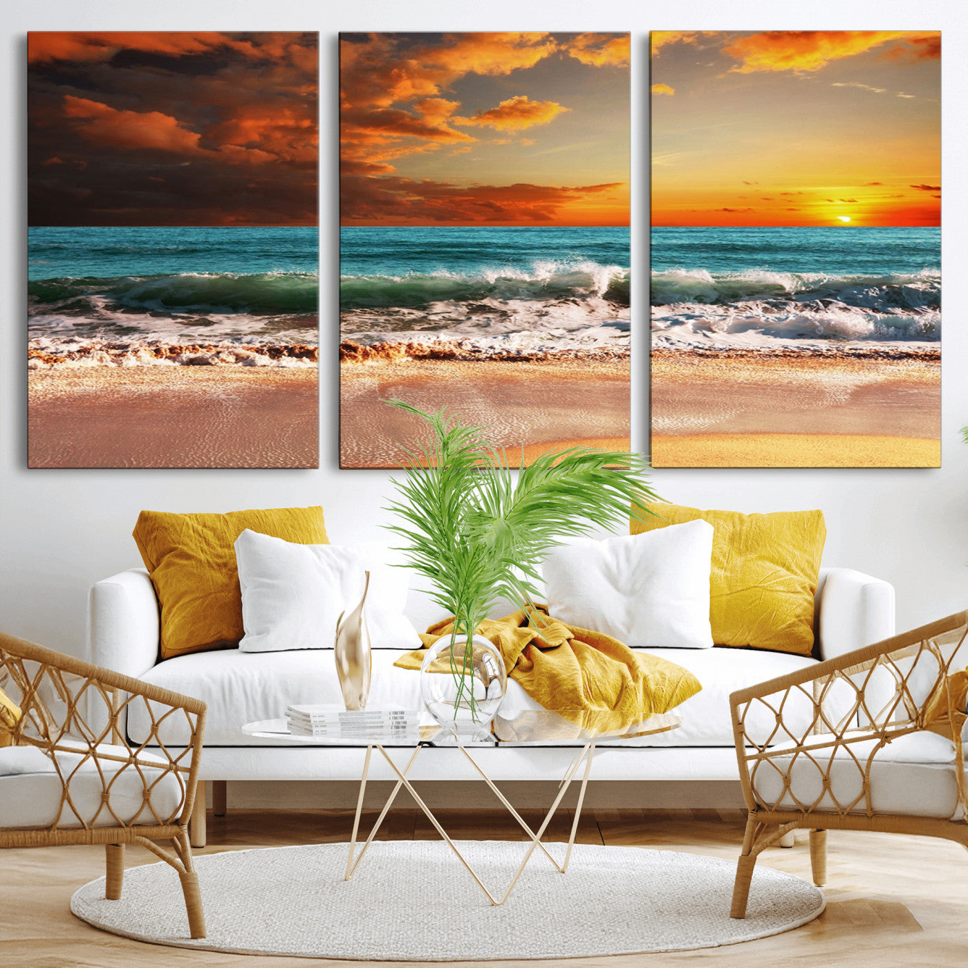 72948-MGV-CV-36X24-Ocean Sunset Wave Wall Art – Dramatic Seascape Canvas Print with Golden Sky and Crashing Waves, Coastal Beach Decor for Living