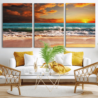 72948-MGV-CV-36X24-Ocean Sunset Wave Wall Art – Dramatic Seascape Canvas Print with Golden Sky and Crashing Waves, Coastal Beach Decor for Living