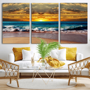 83389-MGV-CV-36X24-Ocean Sunrise Wall Art – Vibrant Beach Waves Canvas Print, Coastal Seascape Decor for Living Room or Office