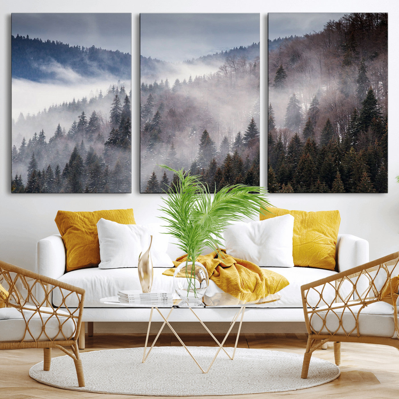 18459-MGV-CV-36X24-Misty Pine Forest Wall Art – Serene Mountain Landscape Canvas Print, Tranquil Nature Artwork for Living Room, Bedroom, Cabin or