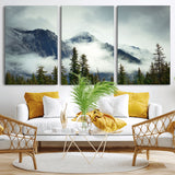 93219-MGV-CV-36X24-Misty Mountain Wall Art – Foggy Pines and Rocky Peaks Canvas Print, Nature Landscape Decor for Living Room, Office or Bedroom