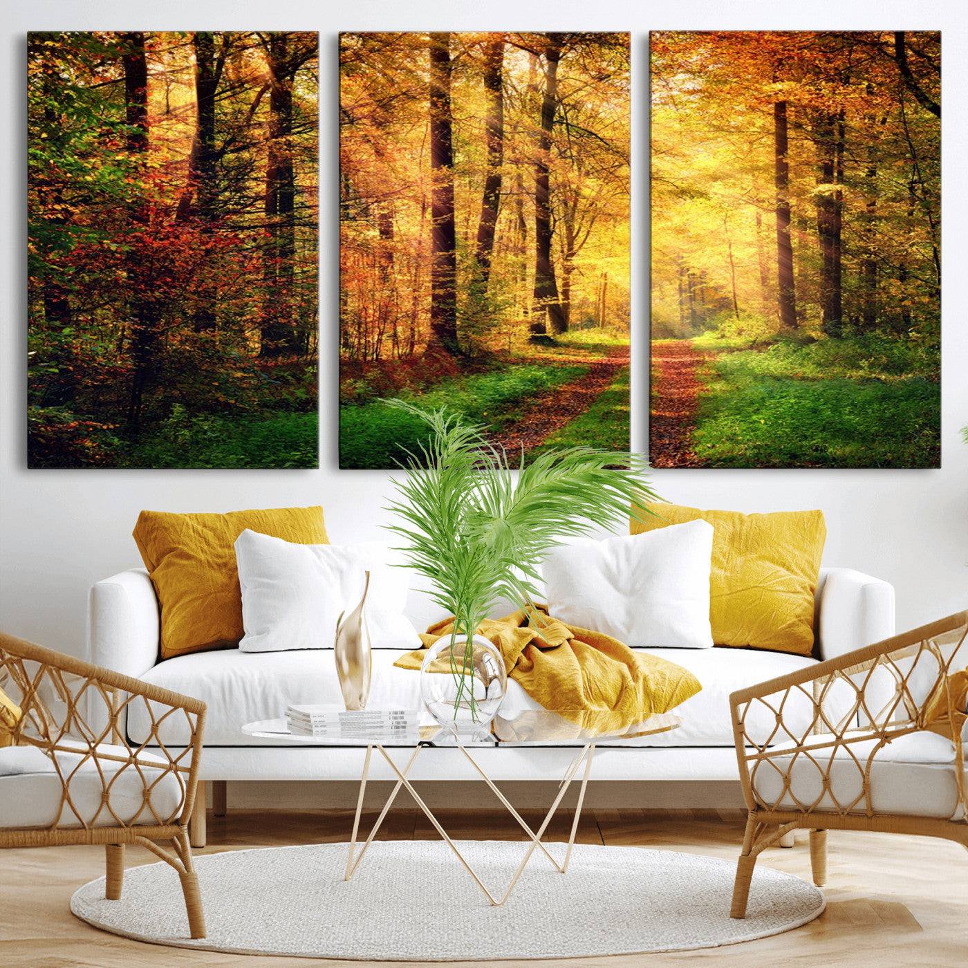 73494-MGV-CV-36X24-Golden Autumn Forest Path Wall Art – Sunlit Woodland Canvas Print, Fall Nature Landscape Home Decoration
