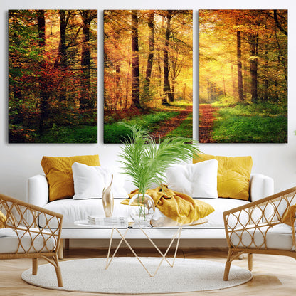 73494-MGV-CV-36X24-Golden Autumn Forest Path Wall Art – Sunlit Woodland Canvas Print, Fall Nature Landscape Home Decoration