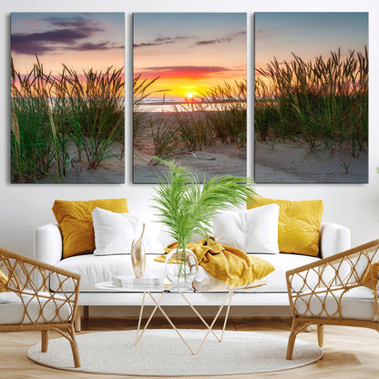 25576-MGV-CV-36X24-Beach Grass Sunset Wall Art – Coastal Sand Dune Landscape Canvas Print, Ocean View Nature Decor for Living Room or Office Wall