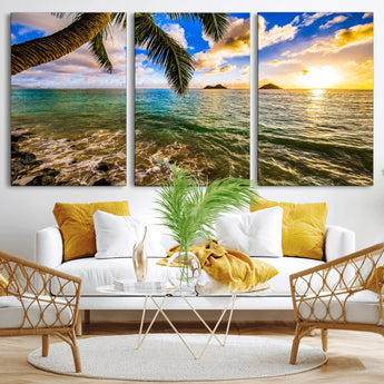 68606-MGV-CV-36X24-Tropical Palm Tree Ocean Wall Art – Sunset Beach Seascape Print, Coastal Paradise Decor for Living Room or Office