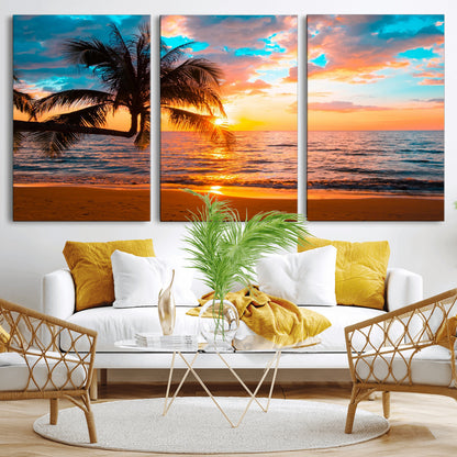 34674-MGV-CV-36X24-Tropical Sunset Beach Wall Art – Palm Tree Ocean Canvas Print, Coastal Seascape Decor for Living Room or Office Wall