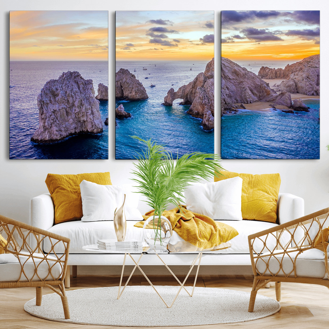 72955-MGV-CV-36X24-Ocean Rock Formation Wall Art – Sunset Coastal Seascape Print, Beach Landscape Decor for Living Room or Office