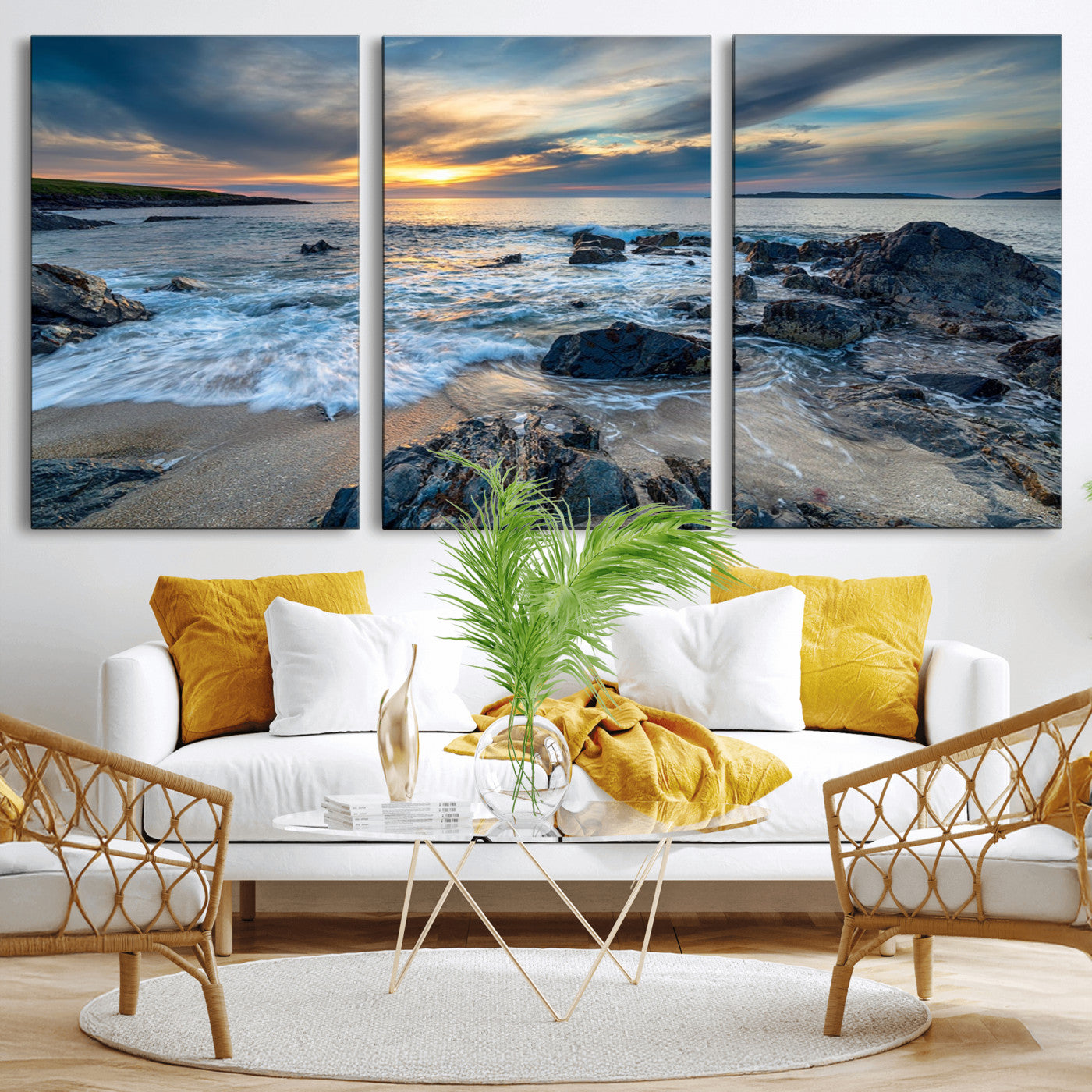 17902-MGV-CV-36X24-Rocky Shore Ocean Sunset Wall Art – Coastal Seascape Canvas Print, Nature Beach Decor for Living Room or Office