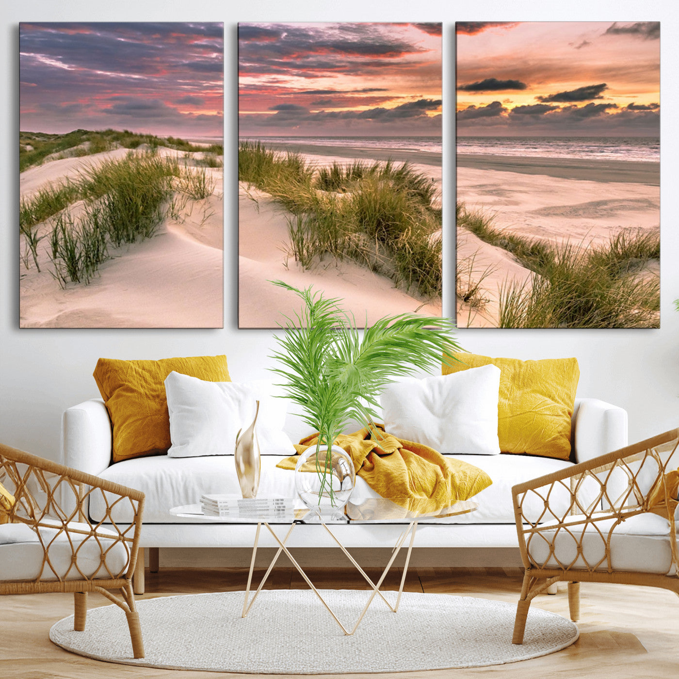 60570-MGV-CV-36X24-Beach Sunset Wall Art – Coastal Sand Dunes and Ocean Horizon Canvas Print, Tranquil Seascape Photography Decor for Living Room or