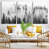 10422-MGV-CV-36X24-Misty Pine Forest Wall Art – Black and White Foggy Landscape Canvas Print, Serene Nature Woodland Decor for Bedroom, Office or