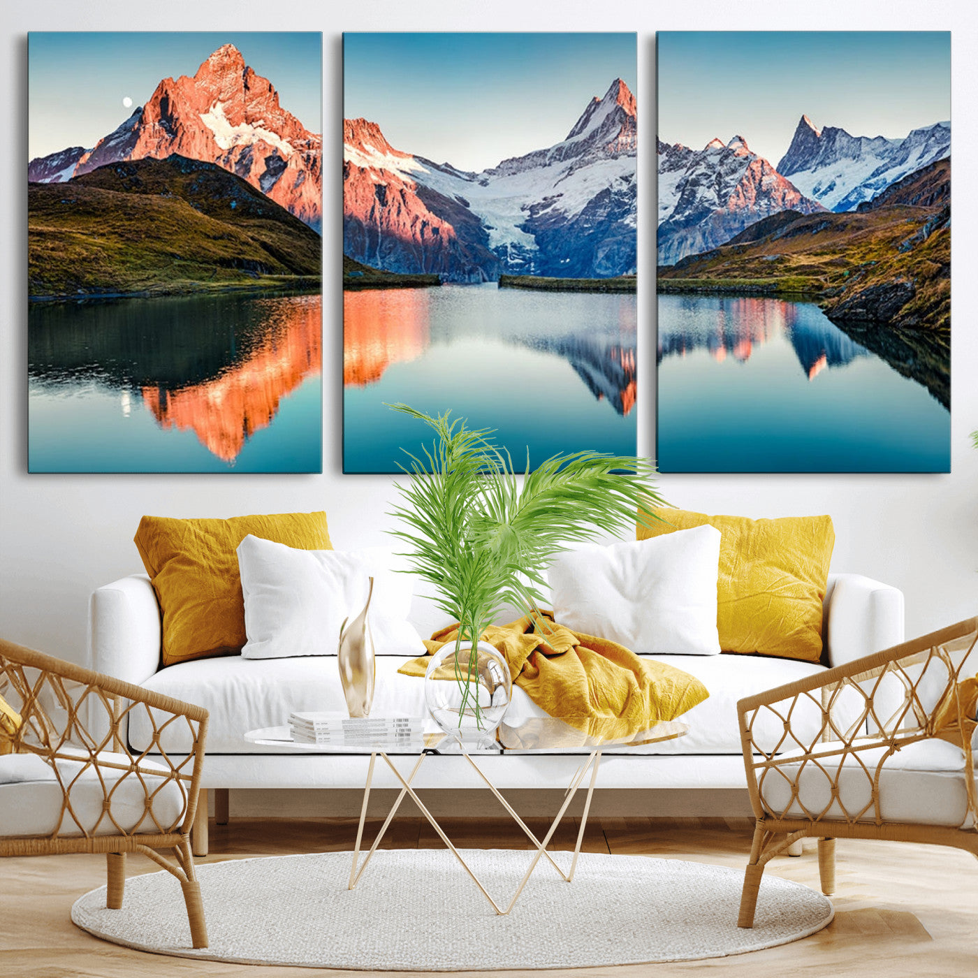 88453-MGV-CV-36X24-Mountain Lake Wall Art – Snow-Capped Peaks Reflected in Alpine Water Canvas Print, Nature Landscape Wall Decor for Living Room or