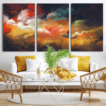 45085-MGV-CV-36X24-Surreal Cosmic Wall Art – Abstract Galaxy Dreamscape Canvas Print with Man and Dog in Boat, Fantasy Nebula Painting for Living