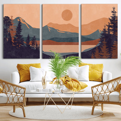 62795-MGV-CV-36X24-Minimalist Mountain Landscape Wall Art – Abstract Sunset Over Peaks and Pine Trees Canvas Print, Modern Nature Decor for Living