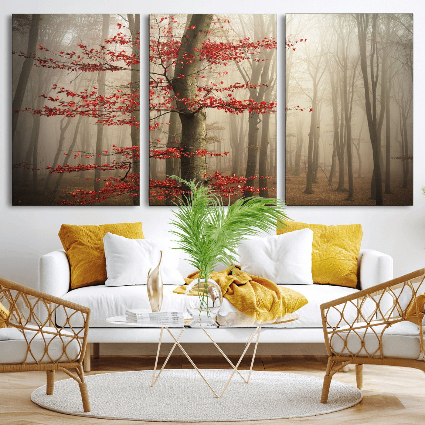 61855-MGV-CV-36X24-Misty Forest Wall Art – Red Tree with Autumn Leaves Canvas Print, Moody Woodland Nature Decor for Living Room, Bedroom, or Office