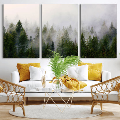 11436-MGV-CV-36X24-Misty Forest Wall Art – Tranquil Evergreen Tree Canvas Print with Foggy Landscape, Nature Inspired Artwork for Bedroom, Living