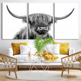 10123-MGV-CV-36X24-Black and White Highland Cow Wall Art – Modern Farmhouse Animal Print, Rustic Scottish Bull Canvas Decor for Living Room, Bedroom,