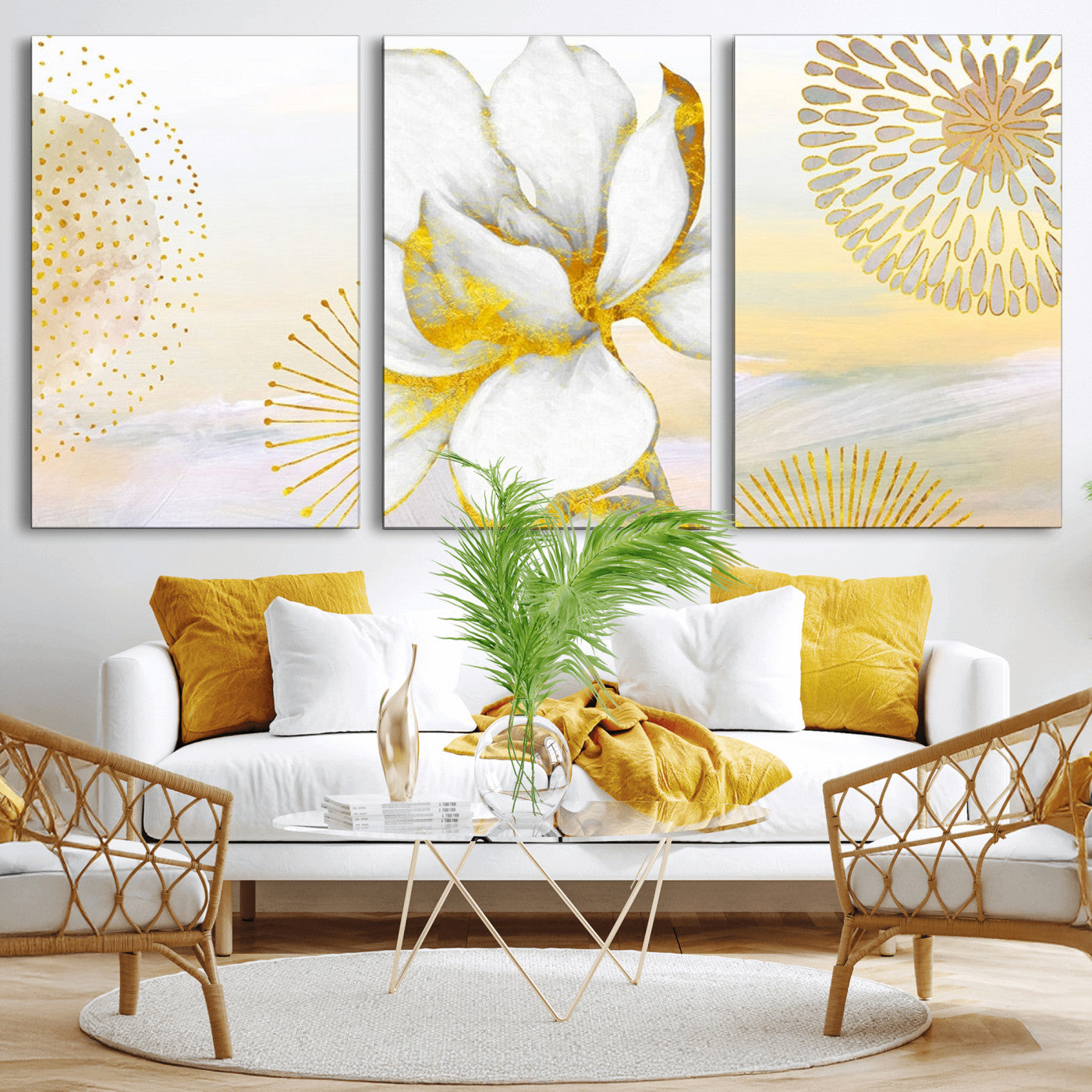 82301-MGV-CV-60X30-3P-Modern Floral Wall Art – White Flower with Gold Detailing Canvas Print, Elegant Abstract Artwork for Living Room, Bedroom, or