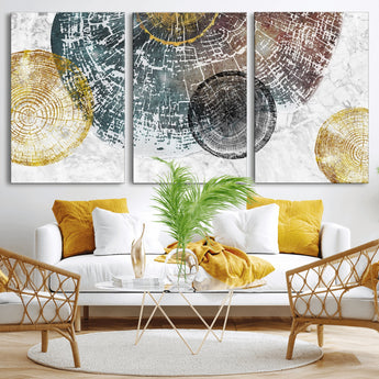 70653-MGV-CV-60X30-3P-Abstract Tree Ring Wall Art – Modern Rustic Wood Slice Canvas Print with Gold Accents, Contemporary Nature Decor for Living Room,