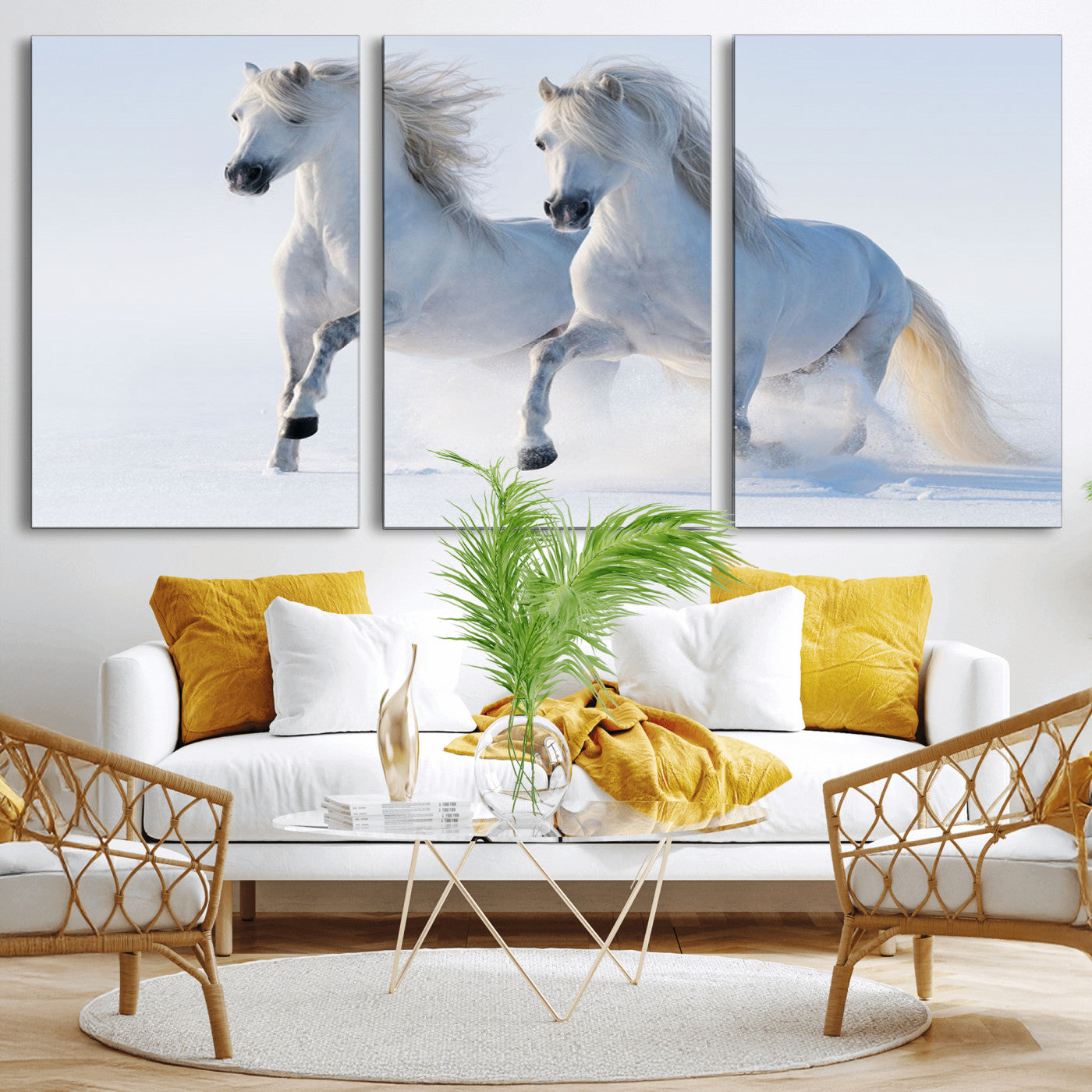 80145-MGV-CV-36X24-White Horses Running Snow Wall Art – Majestic Equine Canvas Print, Winter Nature Photography Decor for Living Room, Office,