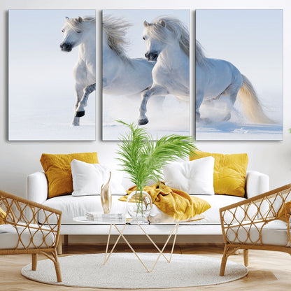 80145-MGV-CV-36X24-White Horses Running Snow Wall Art – Majestic Equine Canvas Print, Winter Nature Photography Decor for Living Room, Office,