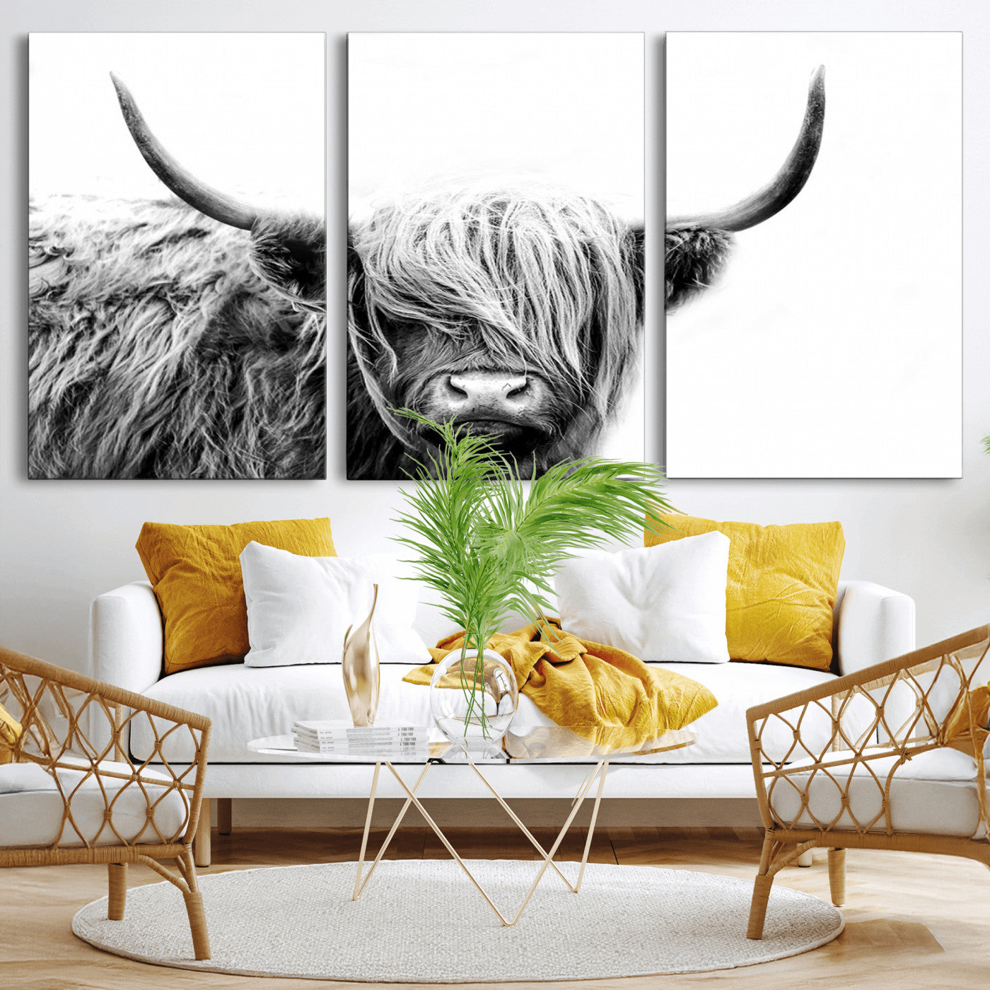 51957-MGV-CV-36X24-Highland Cow Wall Art – Black and White Scottish Highland Bull Canvas Print, Rustic Farmhouse Animal Decor for Living Room,