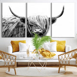 51957-MGV-CV-36X24-Highland Cow Wall Art – Black and White Scottish Highland Bull Canvas Print, Rustic Farmhouse Animal Decor for Living Room,