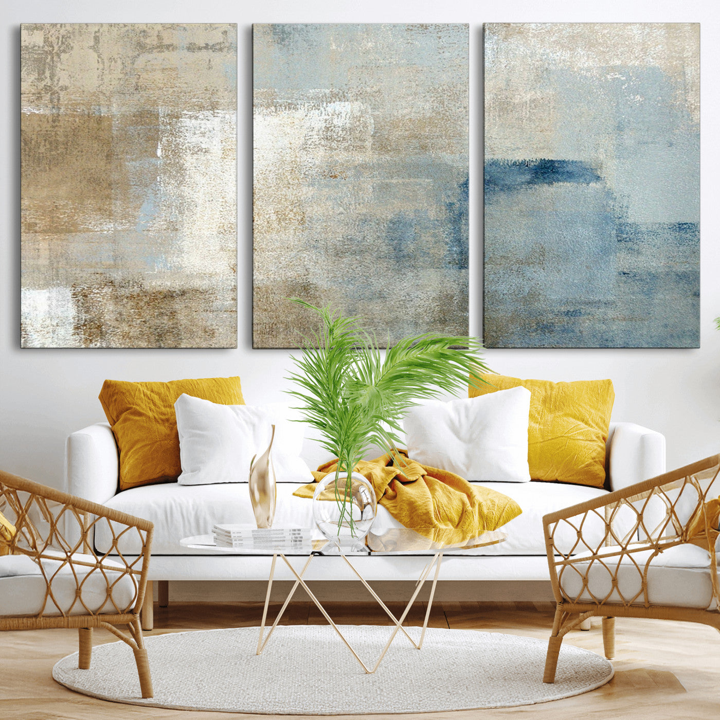 38126-MGV-CV-36X24-Neutral Abstract Wall Art – Modern Beige and Blue Canvas Print and Minimalist Textured Painting for Living Room, Bedroom or Office