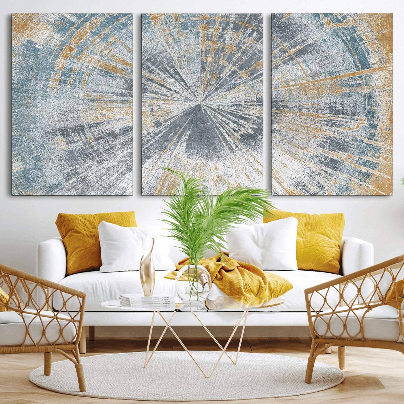 17631-MGV-CV-36X24-Radiant Burst Wall Art – Abstract Sunburst Canvas Print in Blue and Gold, Modern Geometric Painting for Living Room, Office or