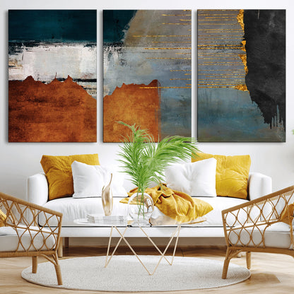 35026-MGV-CV-36X24-Abstract Canvas Wall Art – Modern Teal, Rust, Black and Gold Textured Painting, Contemporary Decor for Living Room, Bedroom