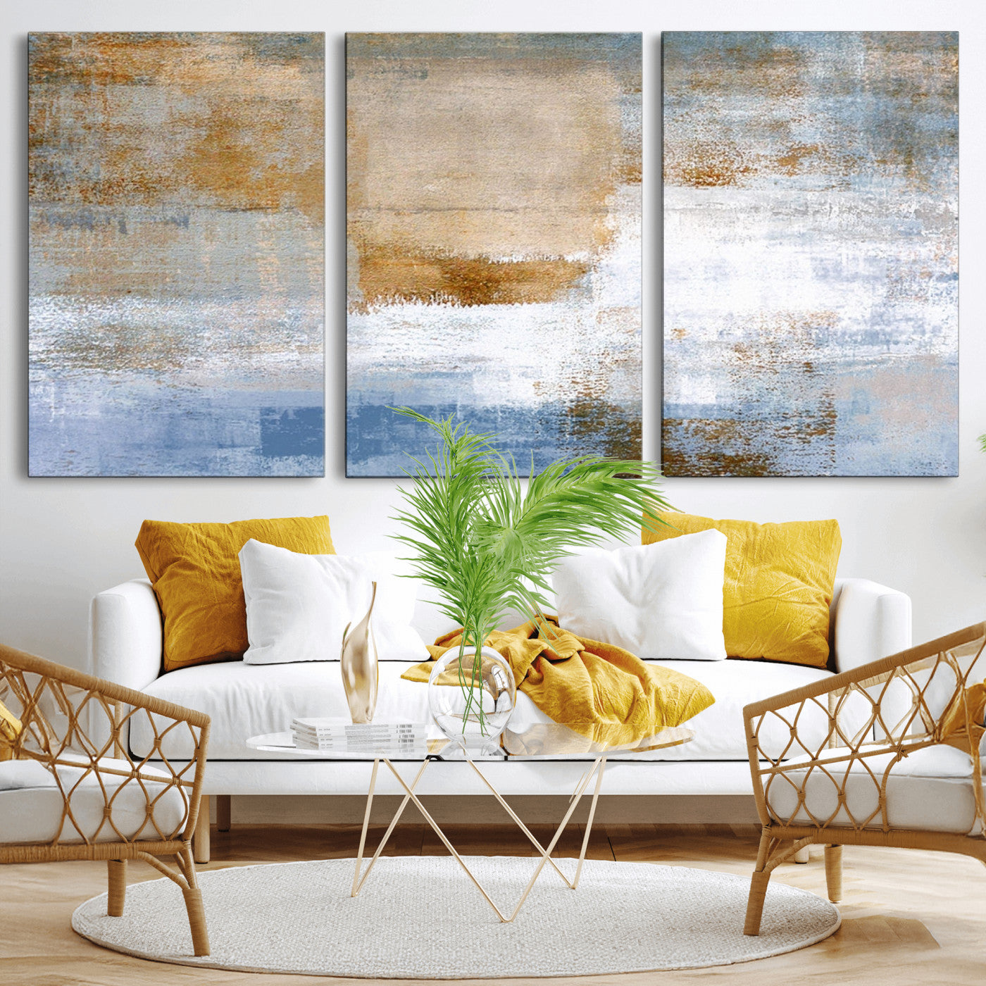 72354-MGV-CV-36X24-Blue and Gold Abstract Wall Art – Modern Minimalist Canvas Print, Textured Contemporary Painting for Living Room, Bedroom, or