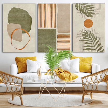 96002-MGV-CV-36X24-Abstract Geometric Wall Art – Modern Canvas Print with Green, Orange & Beige Shapes, Minimalist Home Decor for Living Room, Office