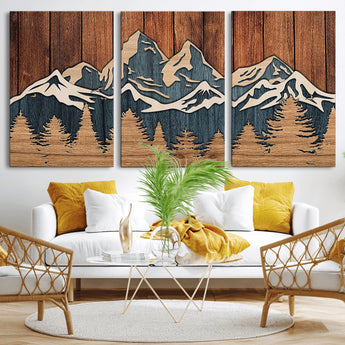 41330-MGV-CV-60X30-3P-Rustic Mountain Wall Art – Wooden Nature Scene with Trees and Peaks, Handmade 3D Layered Decor for Living Room, Cabin or Office