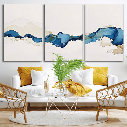 95528-MGV-CV-60X30-3P-Abstract Blue Wave Wall Art – Modern Ocean Inspired Canvas Print, Minimalist Fluid Painting for Living Room, Bedroom or Office