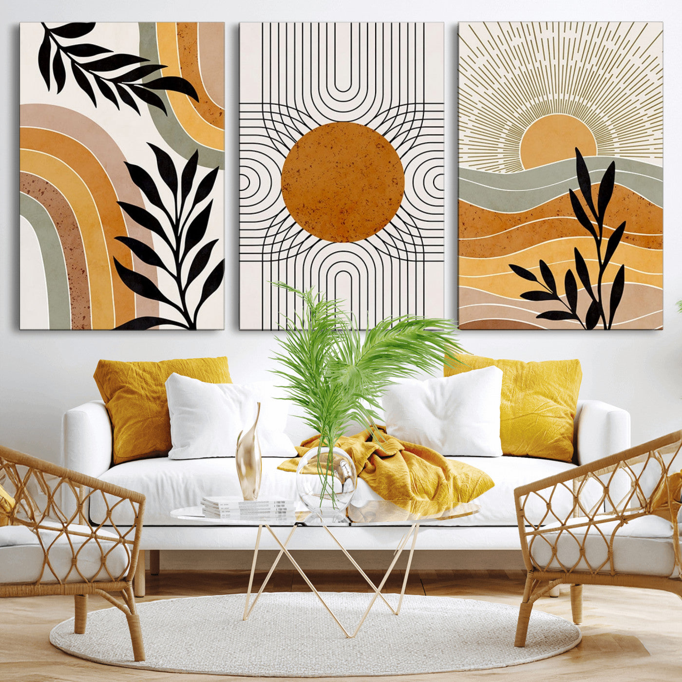 44668-MGV-CV-60X30-3P-Mid Century Modern Wall Art – Abstract Sun and Rainbow Canvas Print, Minimalist Geometric Boho Decor for Living Room, Bedroom or
