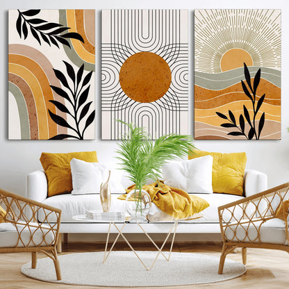 44668-MGV-CV-60X30-3P-Mid Century Modern Wall Art – Abstract Sun and Rainbow Canvas Print, Minimalist Geometric Boho Decor for Living Room, Bedroom or