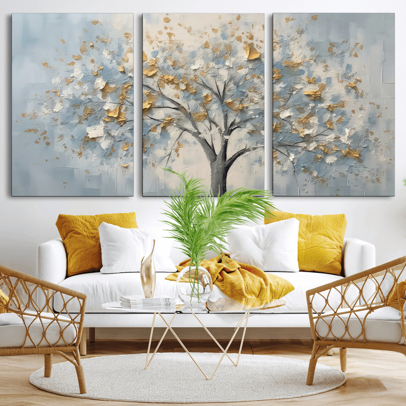 65811-MGV-CV-36X24-Abstract Tree Wall Art – Textured Canvas Painting with Gold and White Leaves, Modern Nature Inspired Decor for Living Room or
