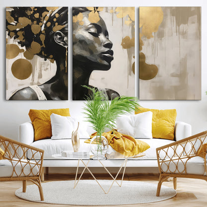 65669-MGV-CV-36X24-Elegant Black Woman Wall Art – Modern Abstract Portrait Canvas with Gold Accents, Contemporary Afrocentric Decor for Living Room