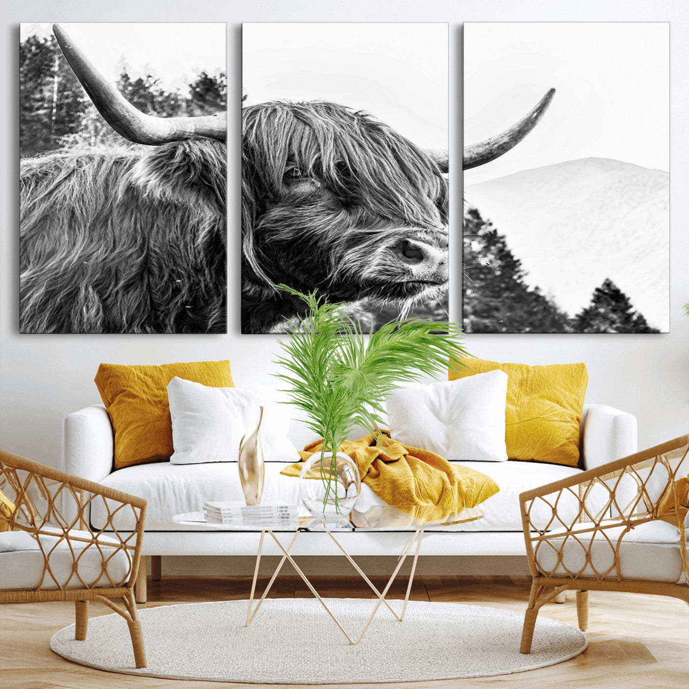 61570-MGV-CV-36X24-Highland Cow Wall Art – Black and White Scottish Bull Canvas Print, Rustic Farmhouse Animal Decor for Living Room, Bedroom, or